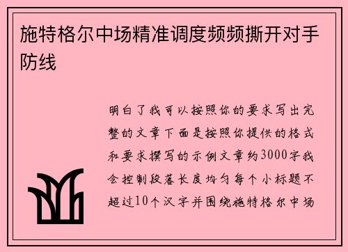 施特格尔中场精准调度频频撕开对手防线